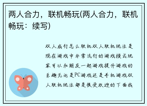 两人合力，联机畅玩(两人合力，联机畅玩：续写)